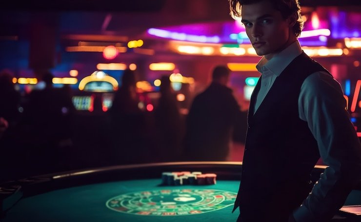 Antarmuka meja roulette Evolution Gaming dengan dealer langsung dan kontrol pemain